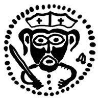 Денга (князь Довмонт и буква m, на обороте надпись). Рисунок аверса