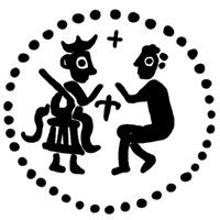 Денга (князь на троне с мечом, справа стоящий человек, между ними крест, надпись разделена). Рисунок реверса