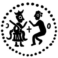 Денга (князь на троне с мечом, справа стоящий человек, буквы С-О, крест, надпись разделена). Рисунок реверса