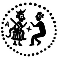 Денга (князь на троне с мечом, справа стоящий человек, буква Д, крест, надпись разделена). Рисунок аверса