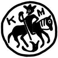 Денга (всадник в короне с копьём вправо, буквы КМ, на обороте надпись). Рисунок аверса
