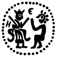 Денга (князь на троне с мечом, справа стоящий человек, буквы Н-Е, надпись не разделена). Рисунок аверса
