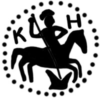 Денга (князь на троне и стоящий человек, круговая надпись, на обороте всадник с копьём, КН). Рисунок реверса