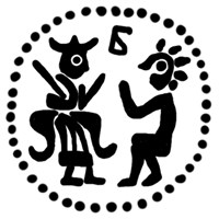 Денга (князь на троне с мечом, справа стоящий человек, буква Б, надпись не разделена). Рисунок аверса