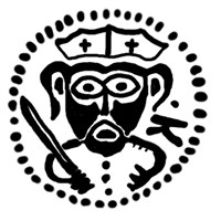 Денга (князь Довмонт и буква К, на обороте надпись). Рисунок аверса