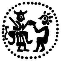 Денга (князь на троне с мечом, справа стоящий человек, буква Е, надпись не разделена). Рисунок реверса