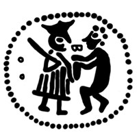 Денга (князь стоит с мечом, человек справа держит предмет, между ними буква 