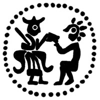 Денга (князь на троне с мечом, справа стоящий человек, без букв, надпись не разделена). Рисунок аверса