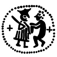Денга (князь стоит с мечом, человек справа держит предмет, за фигурами кресты). Рисунок аверса
