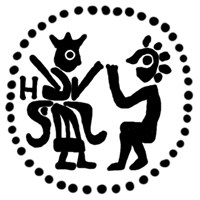 Денга (князь на троне с мечом, справа стоящий человек, буква Н, надпись не разделена). Рисунок аверса