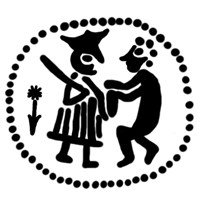 Денга (князь стоит с мечом, человек справа держит предмет, за князем цветок). Рисунок аверса