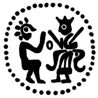 Денга (князь на троне справа, слева стоящий человек, буква О). Рисунок аверса