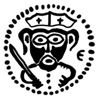 Денга (князь Довмонт и буква Е, на обороте надпись). Рисунок аверса