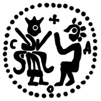 Денга (князь на троне с мечом, справа стоящий человек, буква С-Д-О, крест, надпись разделена). Рисунок аверса