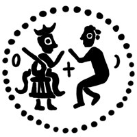 Денга (человек слева на троне, человек справа без предметов в руках, буквы О-С). Рисунок аверса