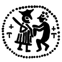 Денга (князь стоит с мечом, человек справа держит предмет, за ними буквы 