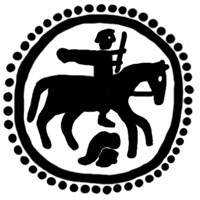 Денга (всадник в плаще с мечом и голова, на обороте арабская надпись). Рисунок аверса