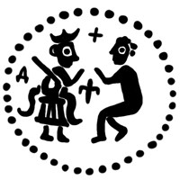 Денга (князь на троне с мечом, справа стоящий человек, буква Д, крест, надпись разделена). Рисунок реверса