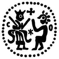 Денга (князь на троне с мечом, справа стоящий человек, буквы С-О, крест, надпись не разделена). Рисунок аверса