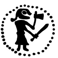 Денга (человек в полный рост вправо с мечом и топором, на обороте линейная надпись). Рисунок аверса