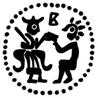 Денга (князь на троне с мечом, справа стоящий человек, буква B, надпись не разделена). Рисунок аверса