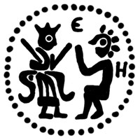 Денга (князь на троне с мечом, справа стоящий человек, буквы Е-Н, надпись не разделена). Рисунок аверса