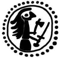 Денга (человек вправо с мечом и топором, на обороте линейная надпись). Рисунок аверса
