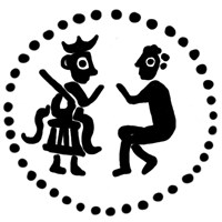 Денга (князь на троне с мечом, справа стоящий человек, без букв, надпись разделена). Рисунок аверса
