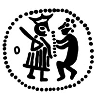 Денга (князь стоит с мечом, человек справа с предметом в виде линии из точек, за князем буква 