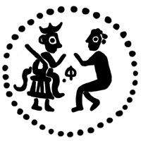 Денга (князь на троне с мечом, справа стоящий человек, буква Ф, надпись разделена). Рисунок аверса