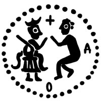 Денга (князь на троне с мечом, справа стоящий человек, буквы Д-О, крест, надпись разделена). Рисунок реверса