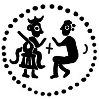 Денга (князь на троне с мечом, справа стоящий человек, между ними крест, надпись разделена). Рисунок аверса