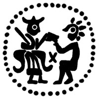 Денга (князь на троне с мечом, справа стоящий человек, буква Х, надпись не разделена). Рисунок аверса