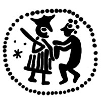 Денга (князь стоит с мечом, человек справа держит предмет, за князем звёздочка). Рисунок аверса