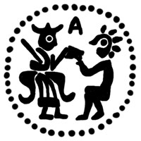 Денга (князь на троне с мечом, справа стоящий человек, буква А, надпись не разделена). Рисунок аверса