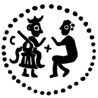 Денга (князь на троне с мечом, справа стоящий человек, буква С, крест, надпись разделена). Рисунок аверса