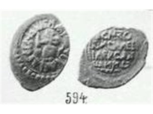 Денга (князь на троне и кольцевая надпись, на обороте прямая надпись) 