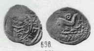 Монета Денга (человек с флейтой и кольцевая надпись, на обороте зверь вправо)
