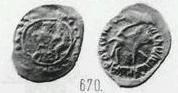 Монета Денга (князь на троне и стоящий человек, на обороте всадник с саблей и кольцевая надпись)