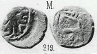 Монета Денга (голова зверя вправо, на обороте фантастический зверь)
