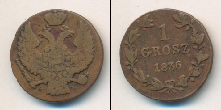 Монета 1 грош (grosz) 1836 года (MW). Разновидности, подробное описание