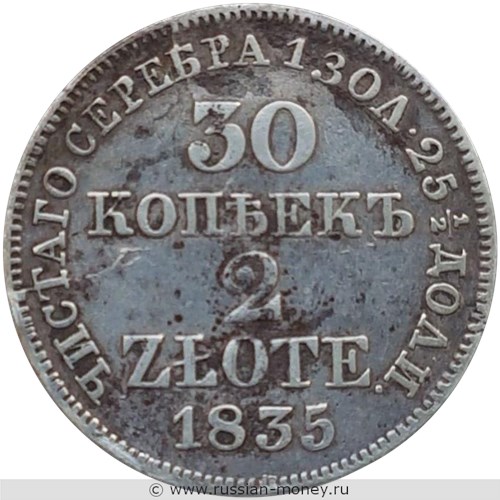 Монета 30 копеек - 2 злотых (zlote) 1835 года (MW). Реверс