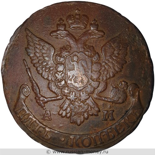 Монета 5 копеек 1790 года (АМ). Стоимость. Аверс