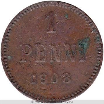 Монета 1 пенни (penni) 1908 года. Реверс