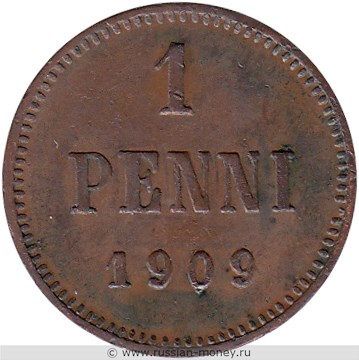 Монета 1 пенни (penni) 1909 года. Реверс