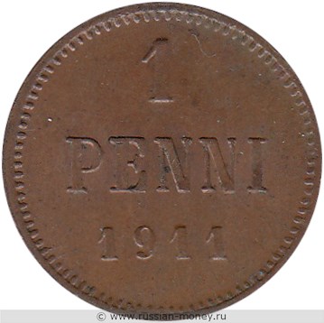 Монета 1 пенни (penni) 1911 года. Реверс