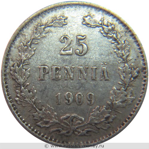 Монета 25 пенни (penniä) 1909 года 25 пенни  (L). Реверс