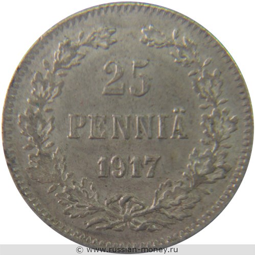 Монета 25 пенни (penniä) 1917 года 25 пенни  (S, орёл без корон). Реверс