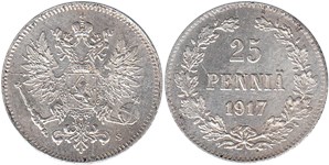 25 пенни (penniä) 1917 25 пенни (S, орёл с коронами)