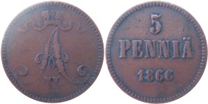 5 пенни (penniä) 1866 5 пенни